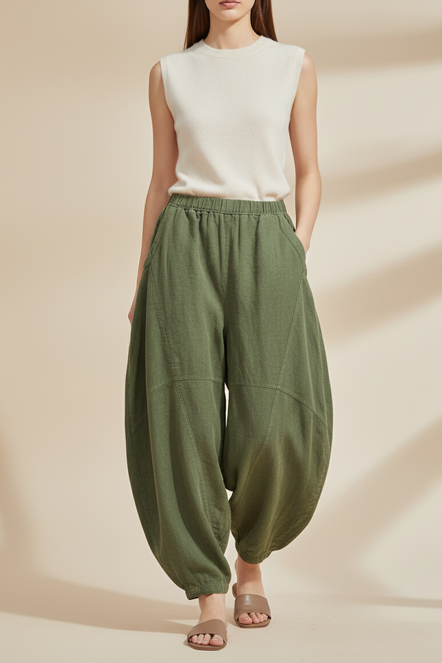 Pantalon Baggy Vert Lin Ample Décontracté Confortable - Kaki