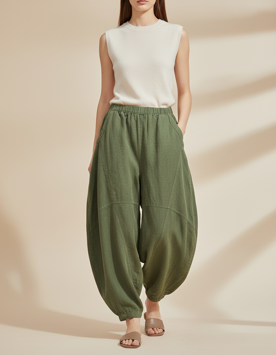 Pantalon Baggy Vert Lin Ample Décontracté Confortable - Kaki