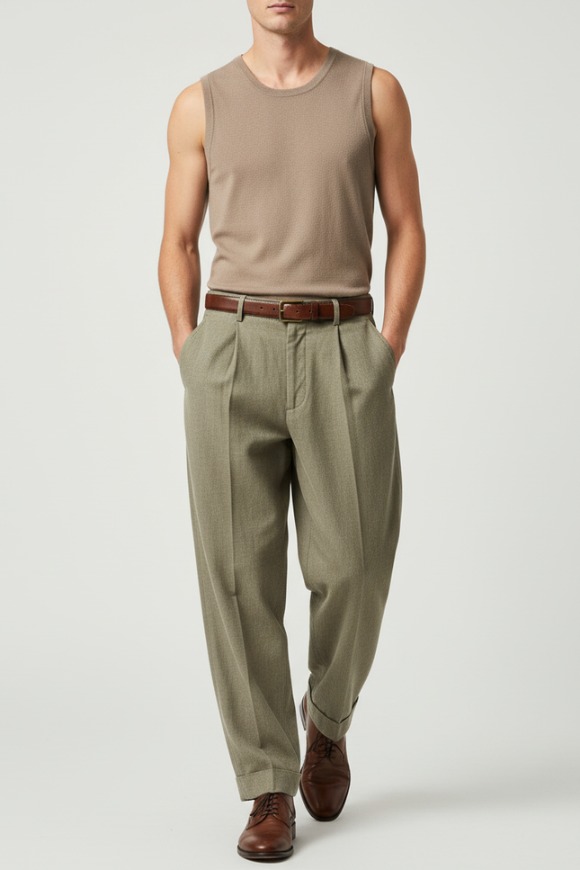 Pantalon Baggy Vert Plissé Ample Décontracté Homme - Kaki Laine