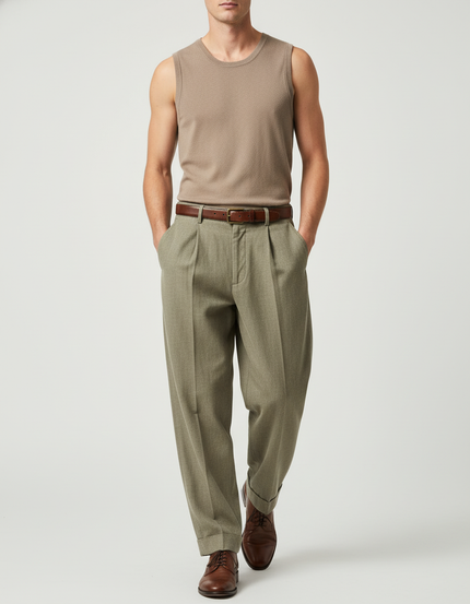 Pantalon Baggy Vert Plissé Ample Décontracté Homme - Kaki Laine