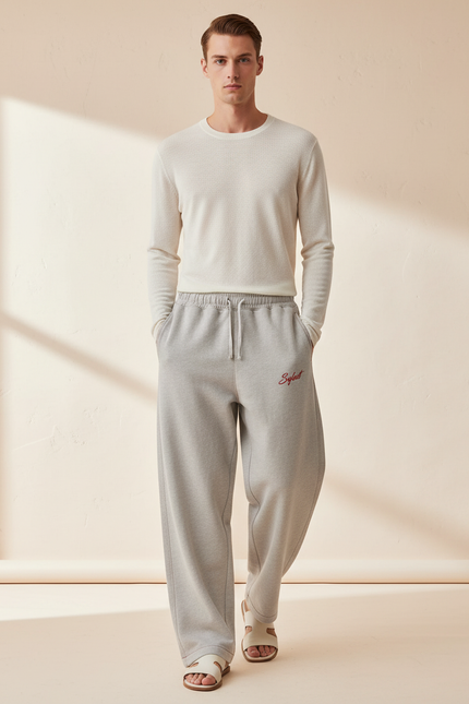 Pantalon Baggy Gris Clair Ample Molleton Brodé