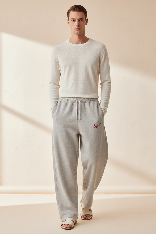 Pantalon Baggy Gris Clair Ample Molleton Brodé