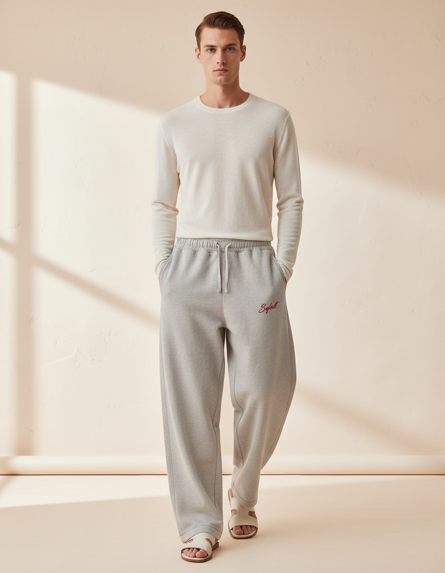 Pantalon Baggy Gris Clair Ample Molleton Brodé