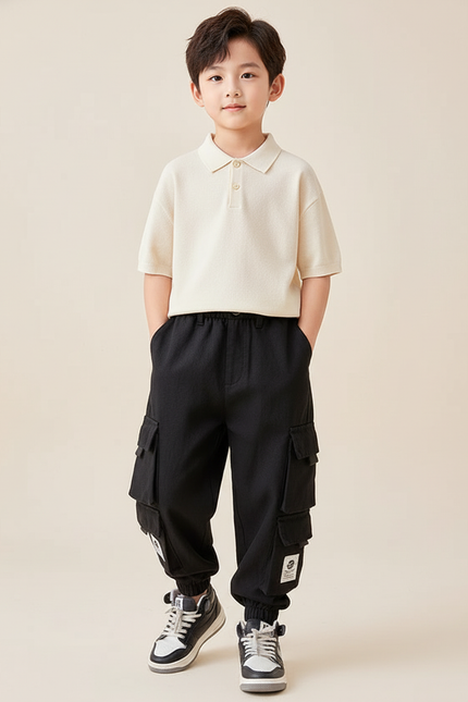 Pantalon Baggy Noir Cargo Décontracté Enfant Poches - Molleton