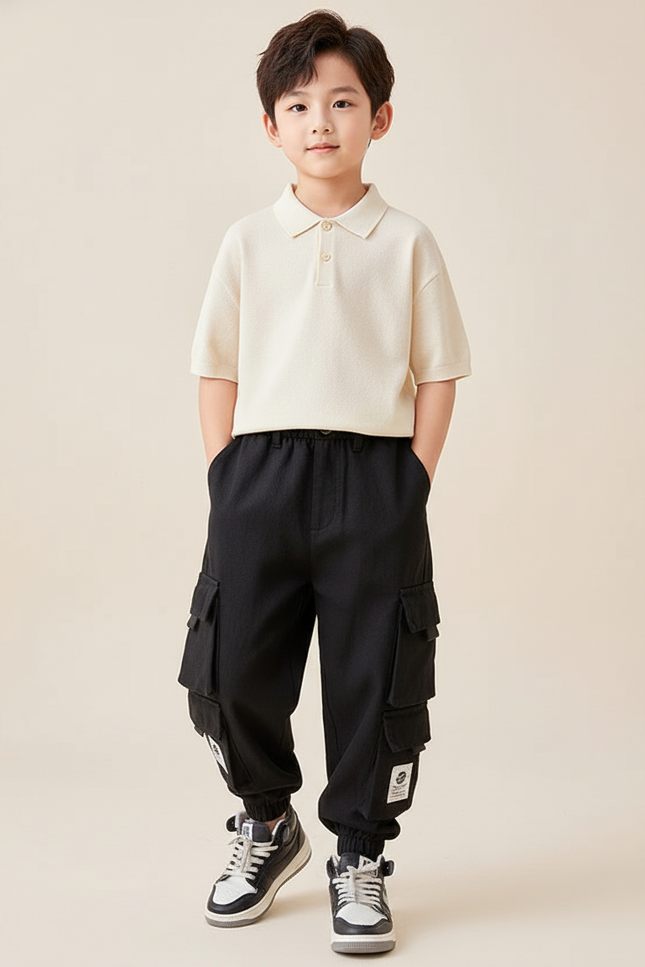 Pantalon Baggy Noir Cargo Décontracté Enfant Poches - Molleton