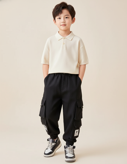Pantalon Baggy Noir Cargo Décontracté Enfant Poches - Molleton