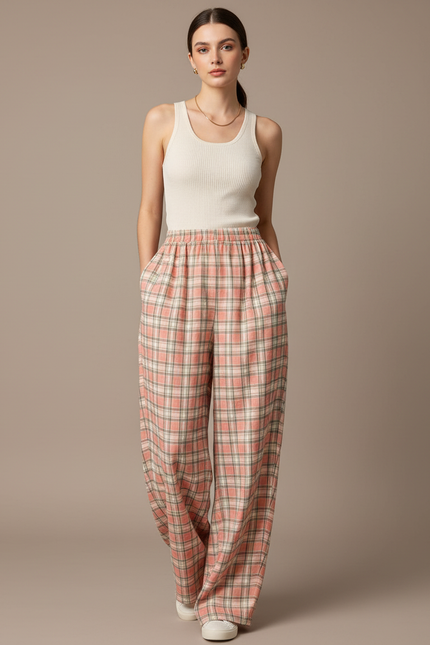 Pantalon Baggy Écossais Rose Ample Décontracté Fluide - Viscose