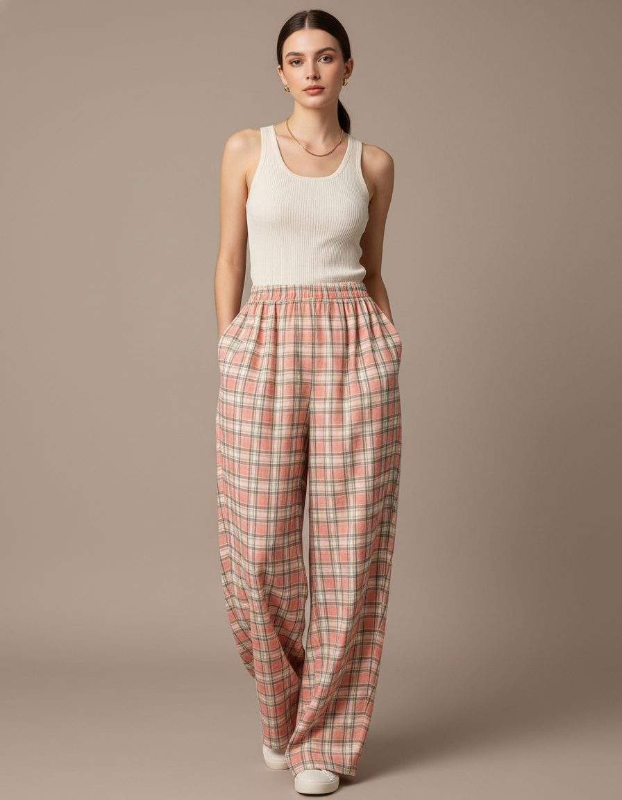 Pantalon Baggy Écossais Rose Ample Décontracté Fluide - Viscose
