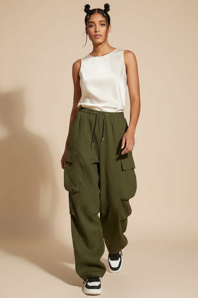 Pantalon Baggy Vert Kaki Ample Cargo Cordon - Toile