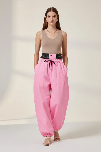 Pantalon Baggy Rose Ample Cordon Fluide Décontracté - Toile