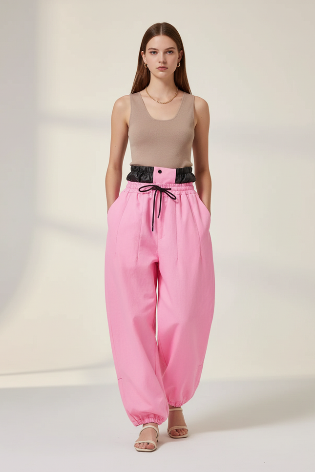 Pantalon Baggy Rose Ample Cordon Fluide Décontracté - Toile