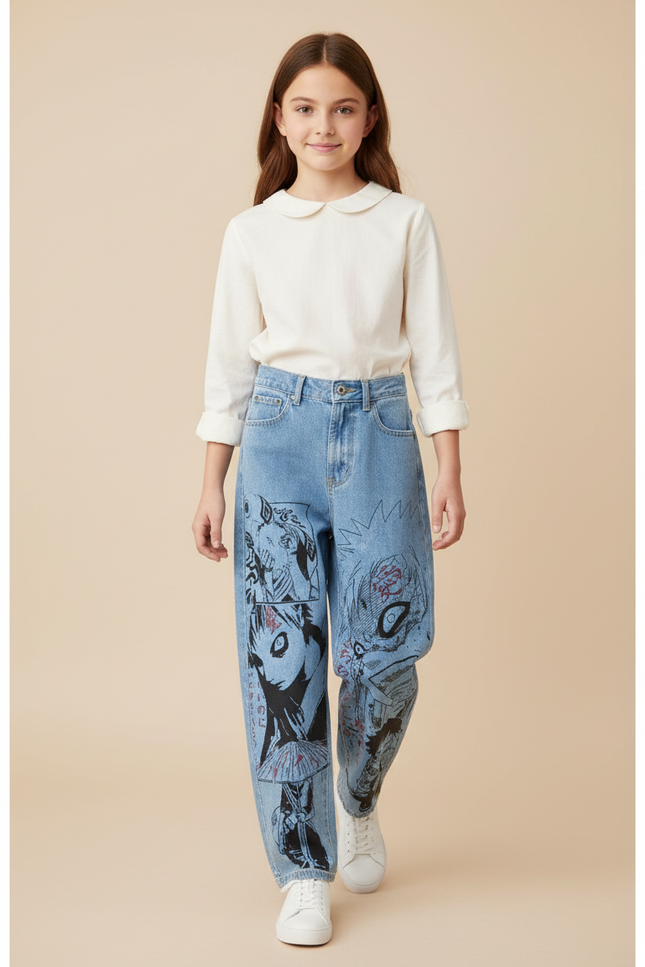 Pantalon Baggy Jean Clair Ample Imprimé Manga Anime - Bleu