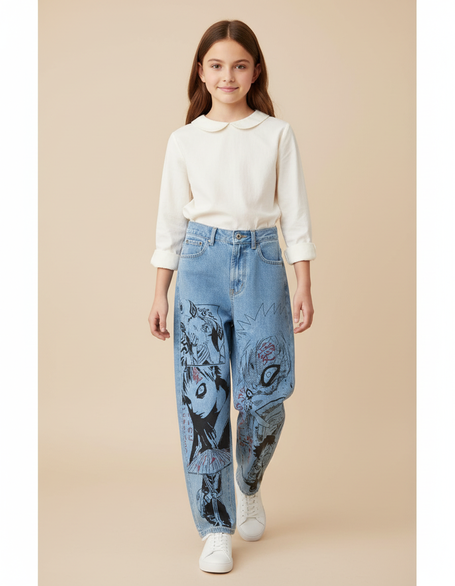 Pantalon Baggy Jean Clair Ample Imprimé Manga Anime - Bleu