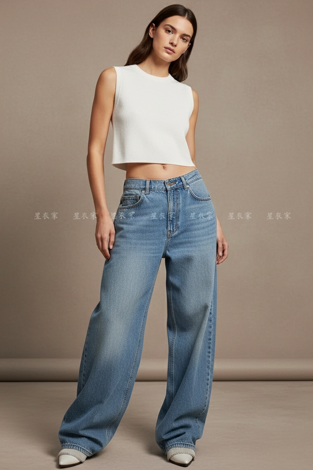 Pantalon Baggy Jean Bleu Large Vintage Décontracté