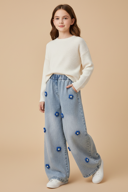 Pantalon Baggy Jean Bleu Clair Fleurs Ample Fille