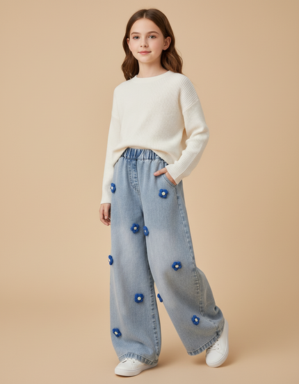 Pantalon Baggy Jean Bleu Clair Fleurs Ample Fille