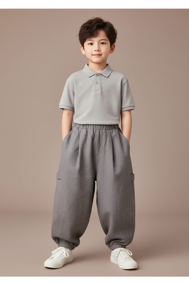 Pantalon Baggy Coton Gris Ample Enfant Élastique - Lin