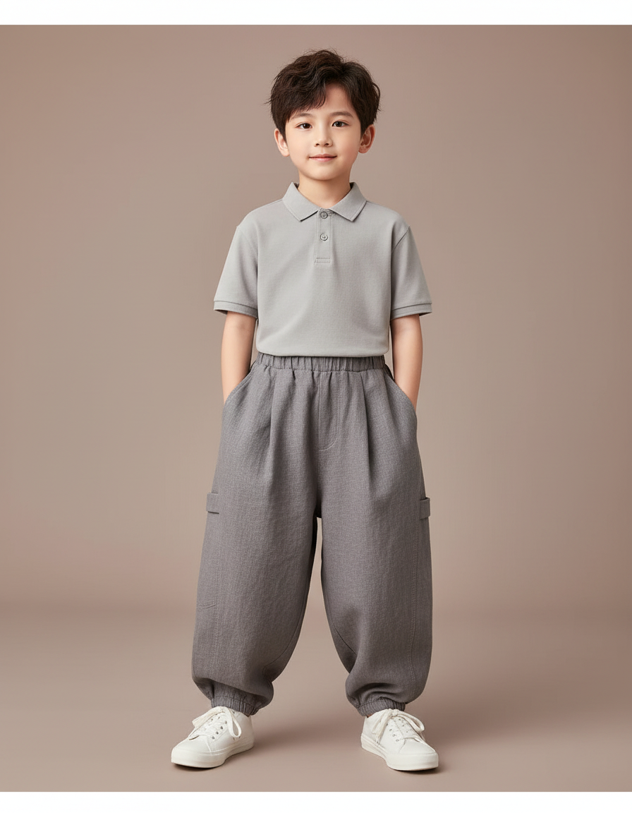 Pantalon Baggy Coton Gris Ample Enfant Élastique - Lin