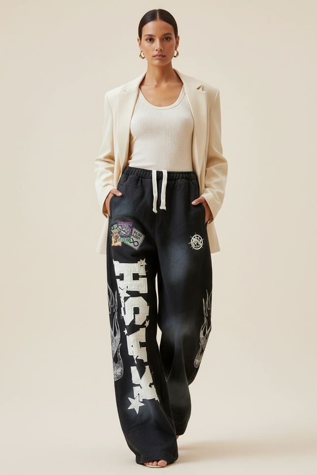 Pantalon Baggy Noir Brodé Streetwear Ample Décontracté - Molleton