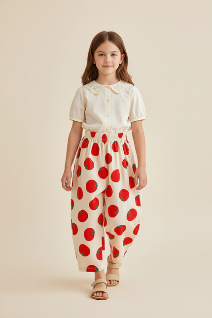 Pantalon Baggy Beige Coton Imprimé Tomates Ample Enfant