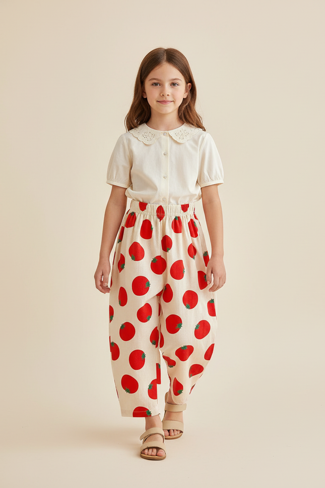 Pantalon Baggy Beige Coton Imprimé Tomates Ample Enfant
