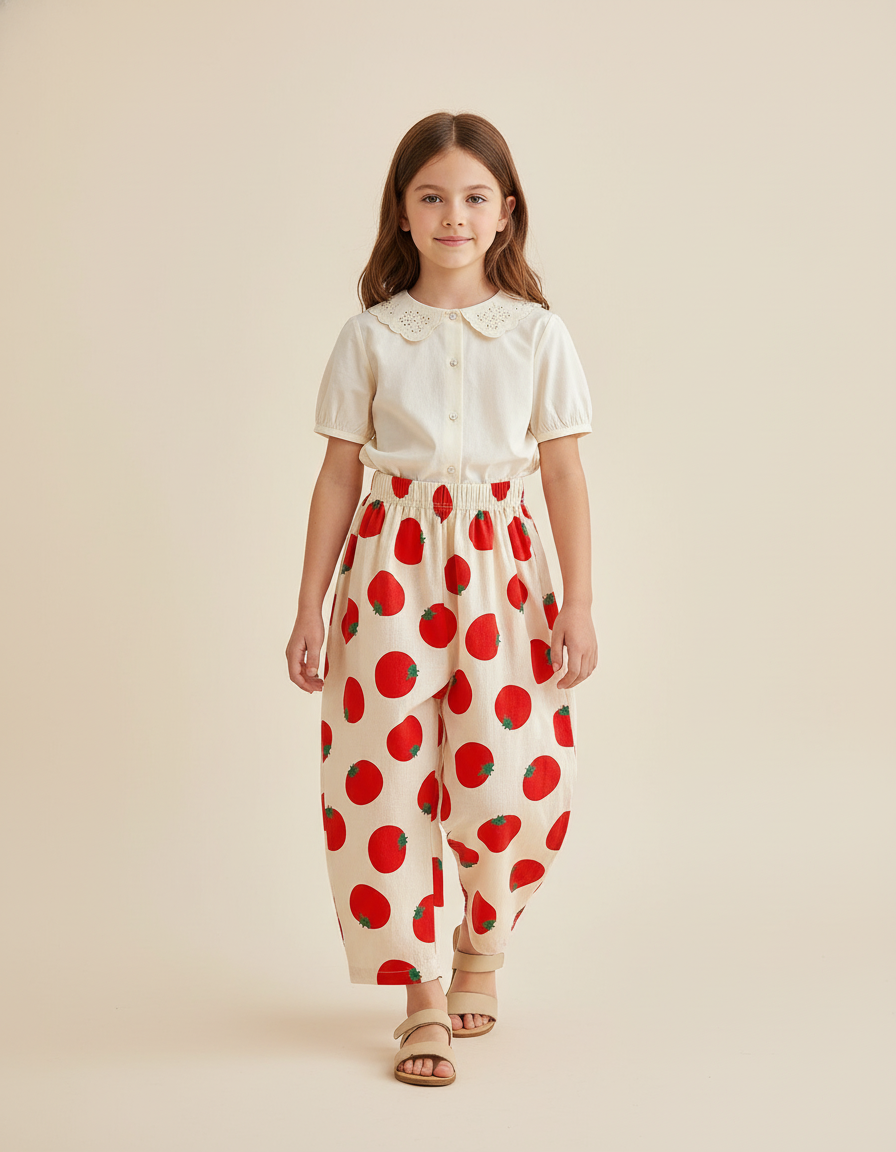 Pantalon Baggy Beige Coton Imprimé Tomates Ample Enfant