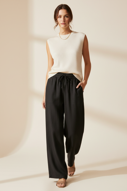 Pantalon Baggy Noir Lin Fluide Ample Décontracté