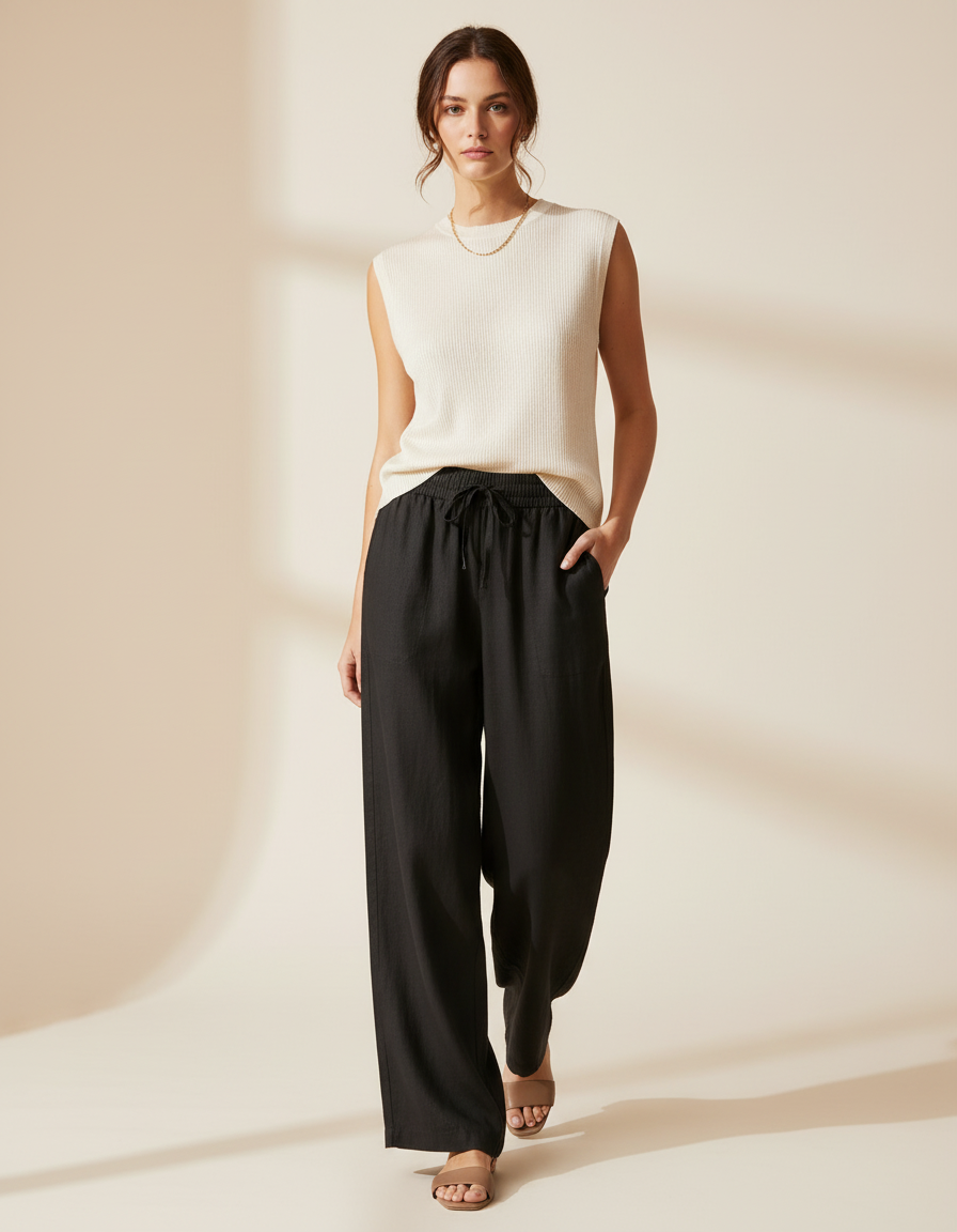 Pantalon Baggy Noir Lin Fluide Ample Décontracté