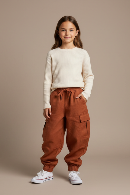 Pantalon Baggy Cargo Ample Lin Marron Enfant
