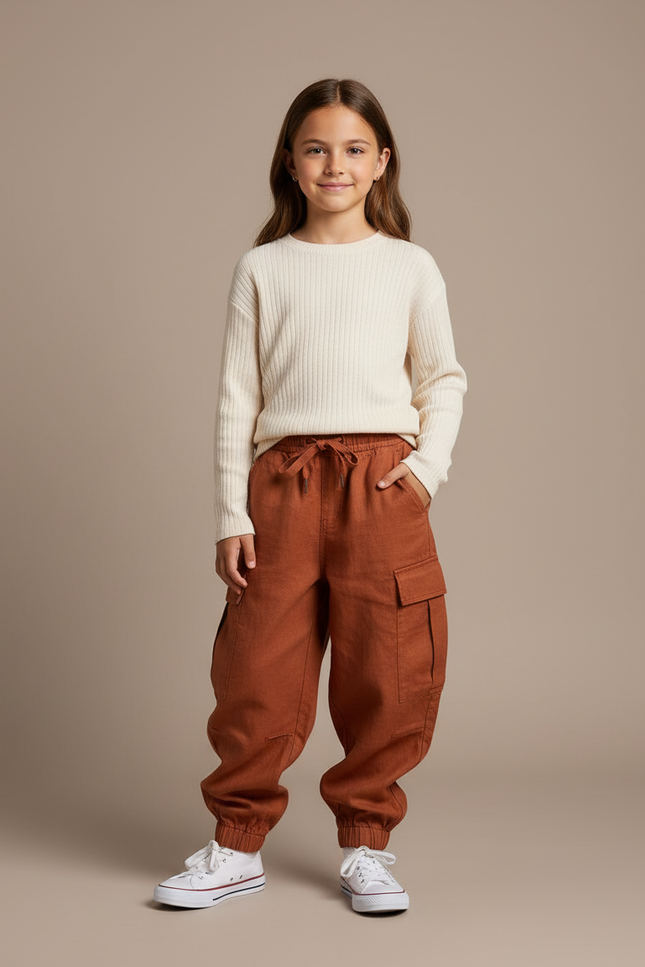 Pantalon Baggy Cargo Ample Lin Marron Enfant