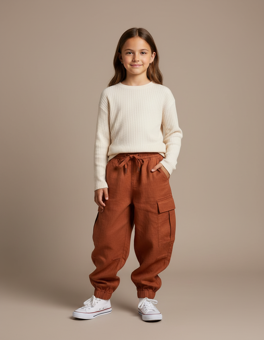 Pantalon Baggy Cargo Ample Lin Marron Enfant