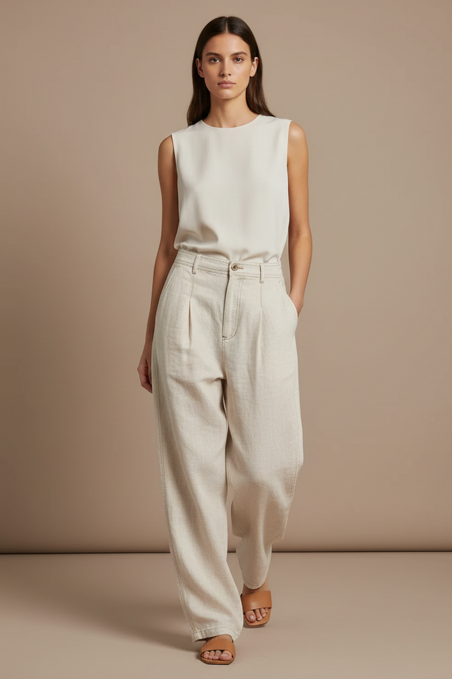 Pantalon Baggy Crème Plissé Ample Taille Haute Femme - Beige Jean