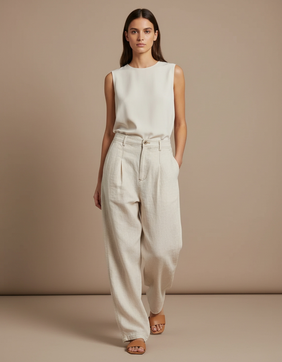 Pantalon Baggy Crème Plissé Ample Taille Haute Femme - Beige Jean