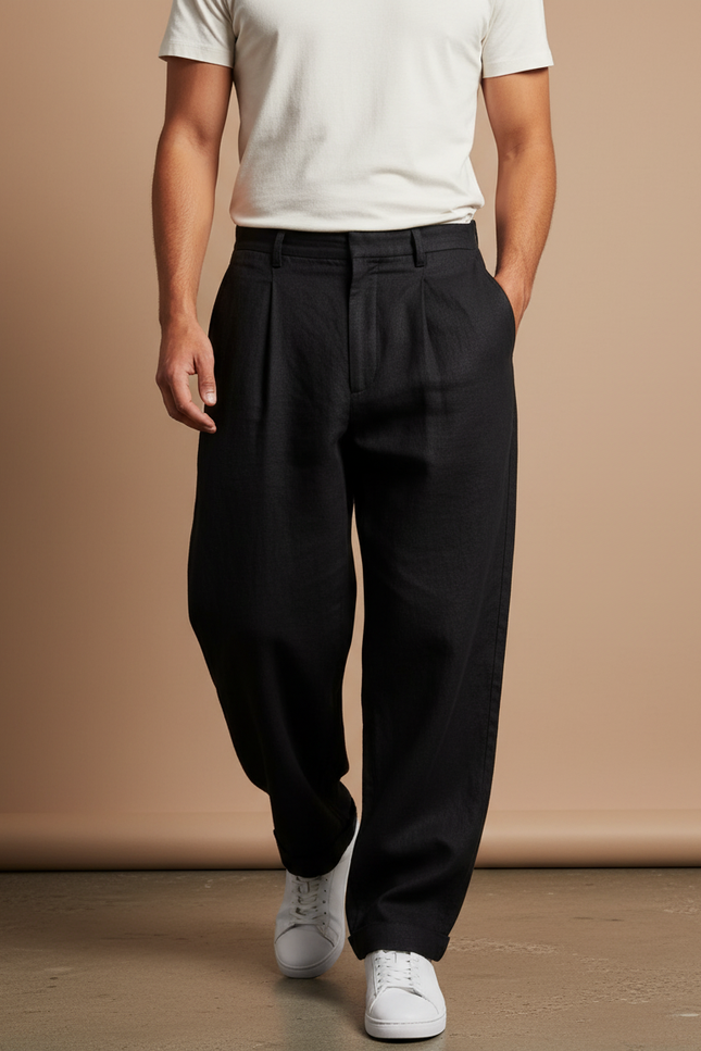 Pantalon Baggy Noir Lin Ample Plissé Homme