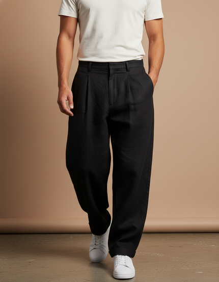 Pantalon Baggy Noir Lin Ample Plissé Homme