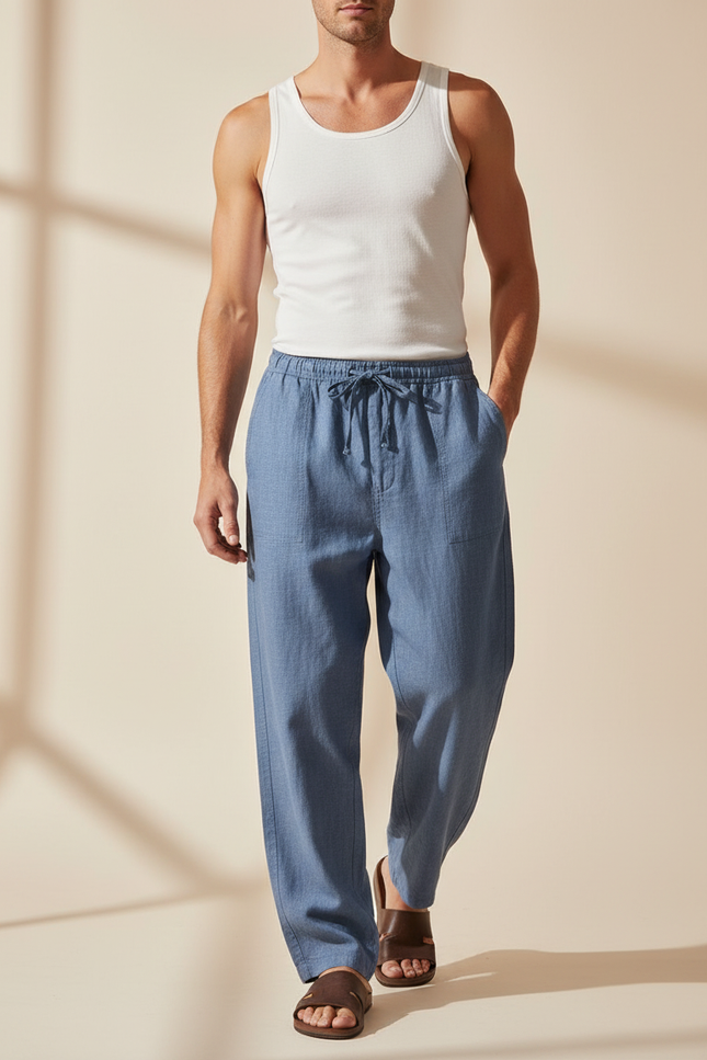 Pantalon Baggy Bleu Lin Ample Décontracté Homme