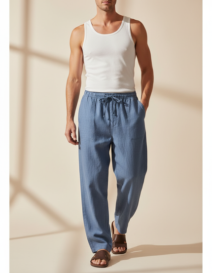 Pantalon Baggy Bleu Lin Ample Décontracté Homme