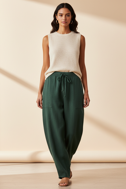 Pantalon Baggy Vert Coton Ample Décontracté Cordon - Lin