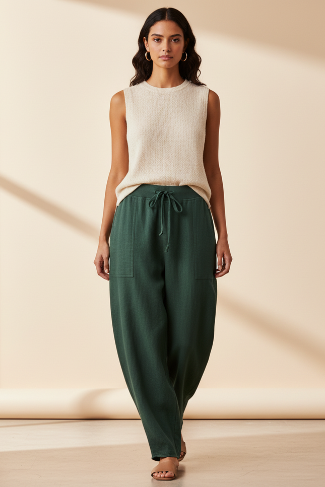 Pantalon Baggy Vert Coton Ample Décontracté Cordon - Lin