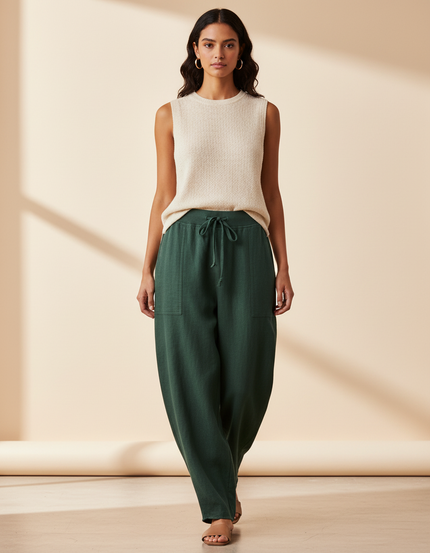 Pantalon Baggy Vert Coton Ample Décontracté Cordon - Lin