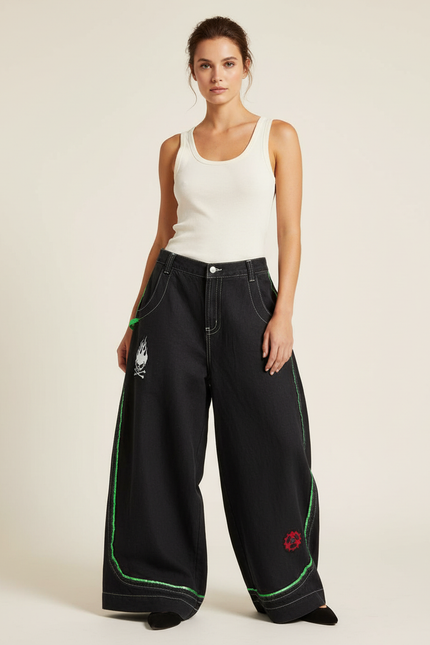 Pantalon Baggy Noir Brodé Large Vert Femme - Jean
