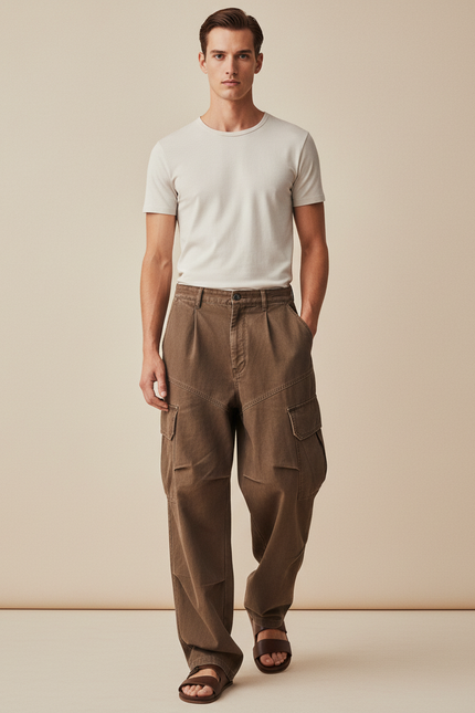 Pantalon Baggy Marron Ample Cargo Coton Homme