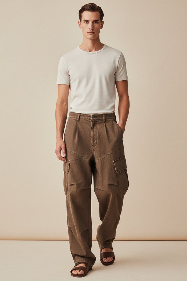 Pantalon Baggy Marron Ample Cargo Coton Homme