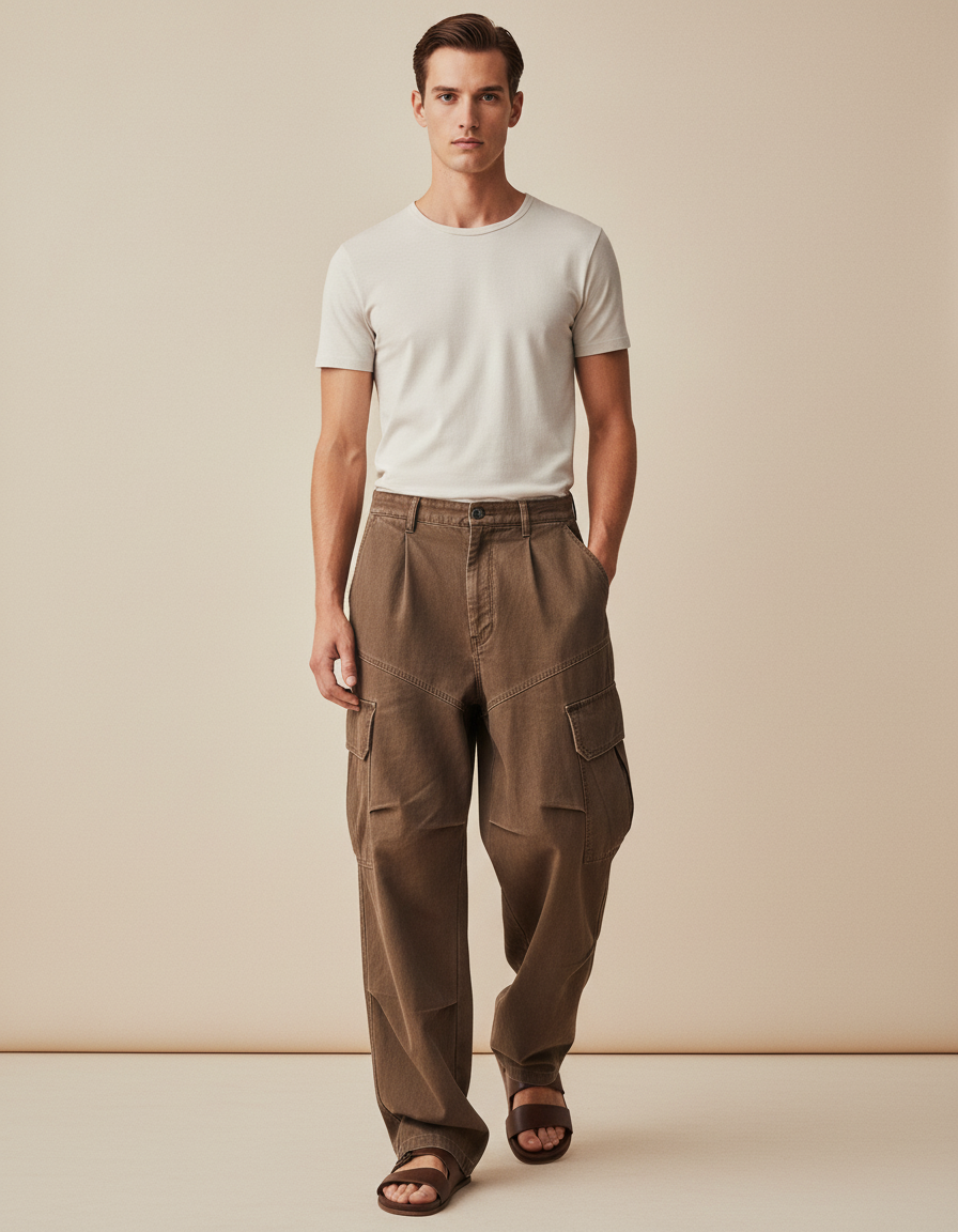 Pantalon Baggy Marron Ample Cargo Coton Homme