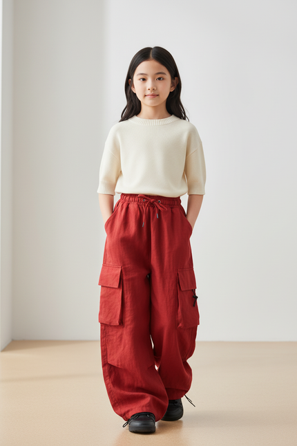 Pantalon Baggy Rouge Cargo Ample Lin Enfant