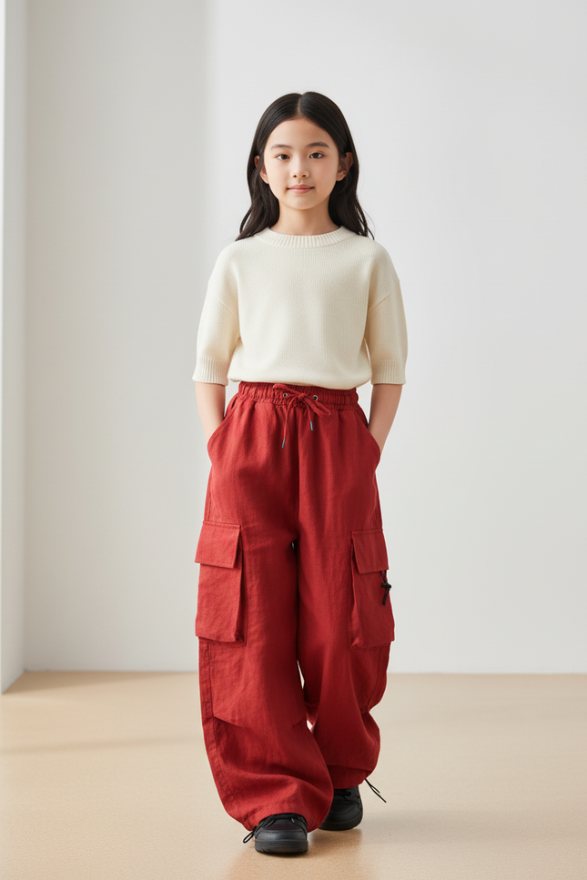 Pantalon Baggy Rouge Cargo Ample Lin Enfant