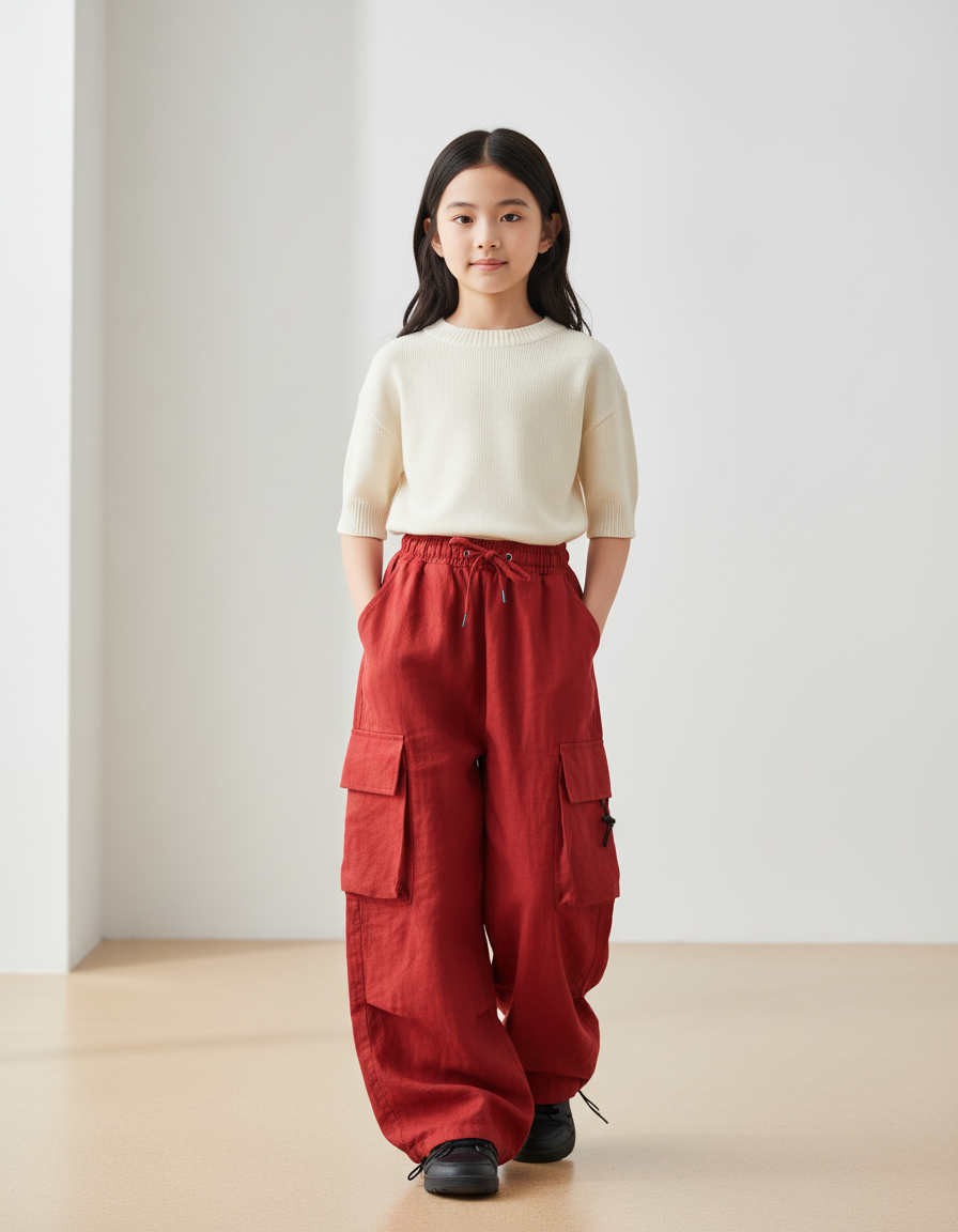 Pantalon Baggy Rouge Cargo Ample Lin Enfant
