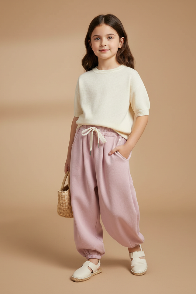 Pantalon Baggy Rose Molletonné Ample Décontracté Enfant