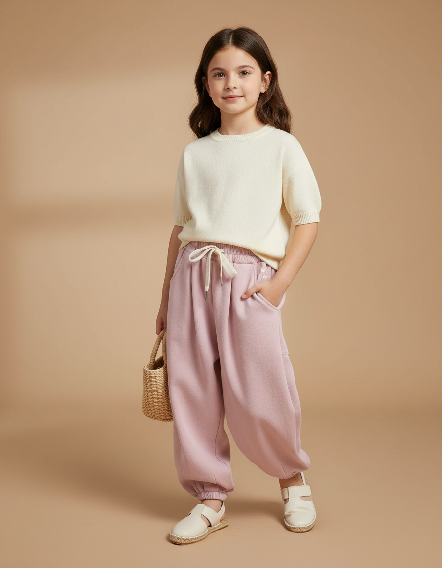 Pantalon Baggy Rose Molletonné Ample Décontracté Enfant