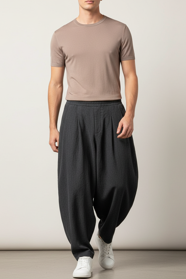 Pantalon Baggy Gris Foncé Ample Plissé Décontracté Homme - Laine